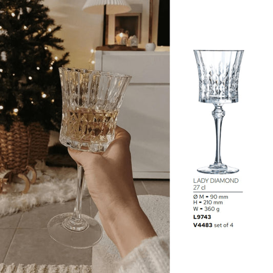 Goojunim Lady Diamond Crystal Red Wine Glass Set – 270ml French Crystal (Set of 6)